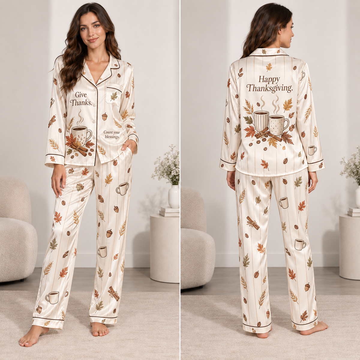 woman wearing cream satin thanksgiving pyjamas with autumn leaves and coffee mugs