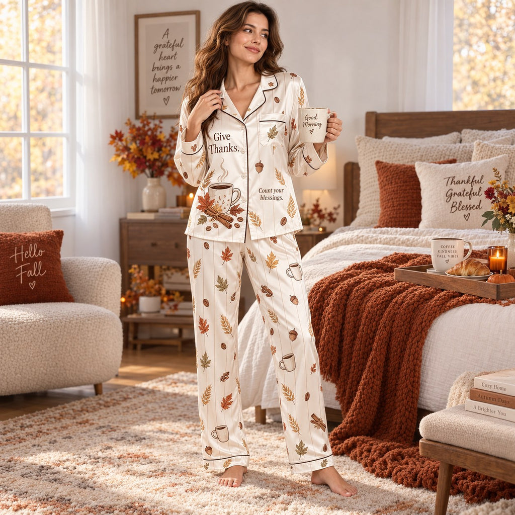 back view of cream satin pyjamas showing happy thanksgiving wording and autumn