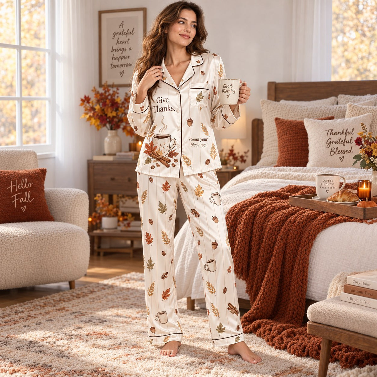 back view of cream satin pyjamas showing happy thanksgiving wording and autumn