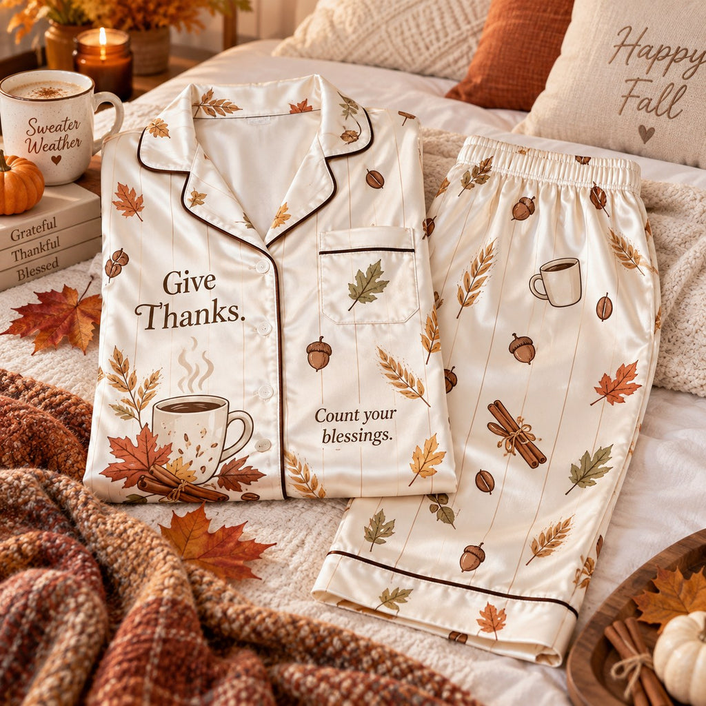 Give Thanks Count Your Blessings Happy Thanksgiving Satin Pyjamas, Button Up Lounge Pyjamas, Cami Pyjamas