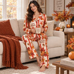 back view of give thanks thanksgiving pyjamas set showing pumpkin and maple