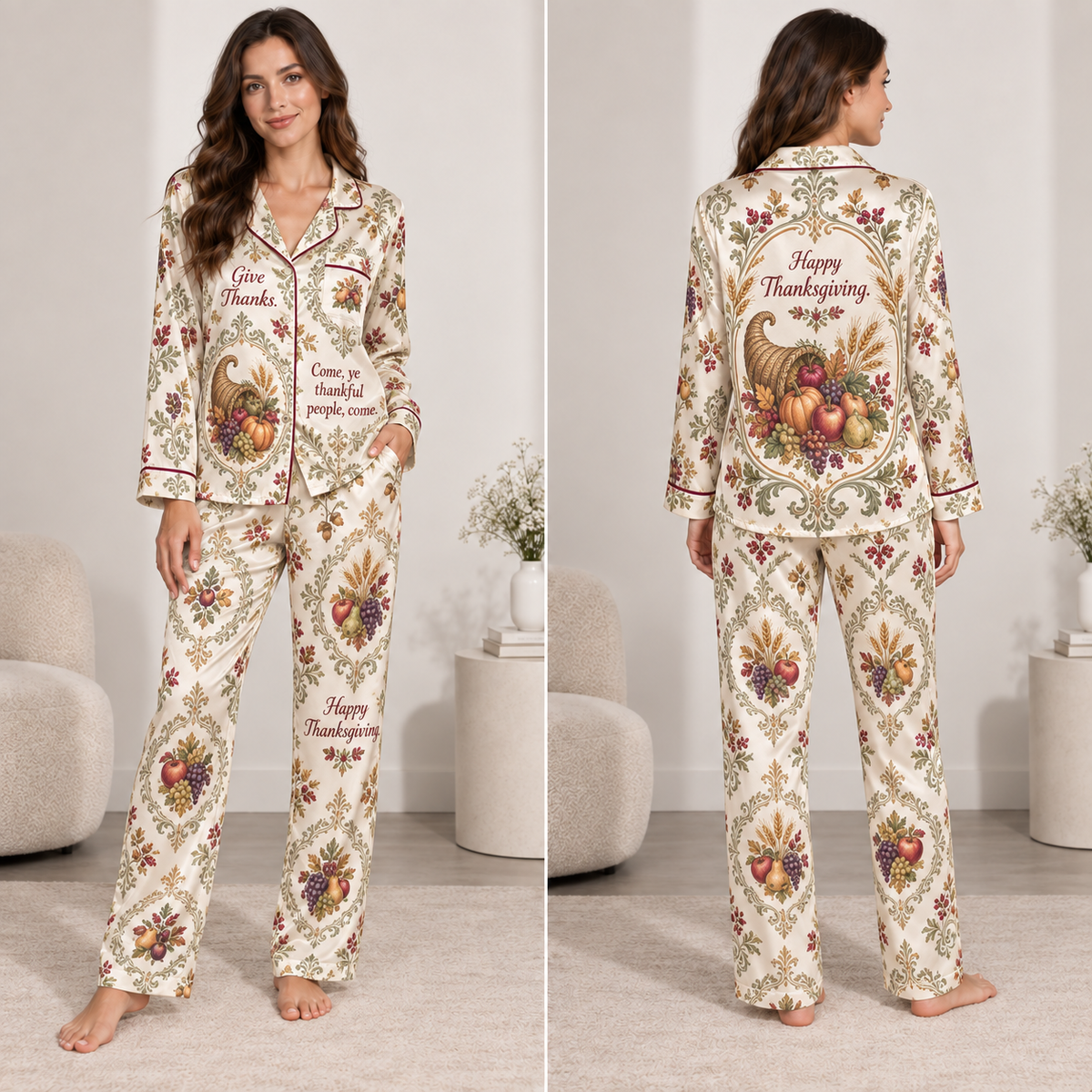 woman wearing thanksgiving satin pyjamas with cornucopia print
