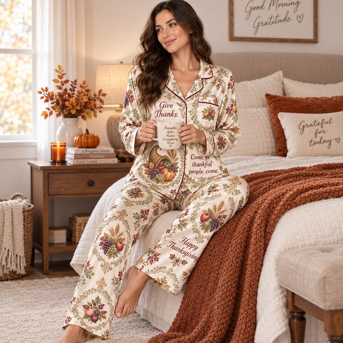 back view of satin pyjamas with happy thanksgiving harvest design