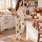 woman in cornucopia pyjamas holding a grateful mug