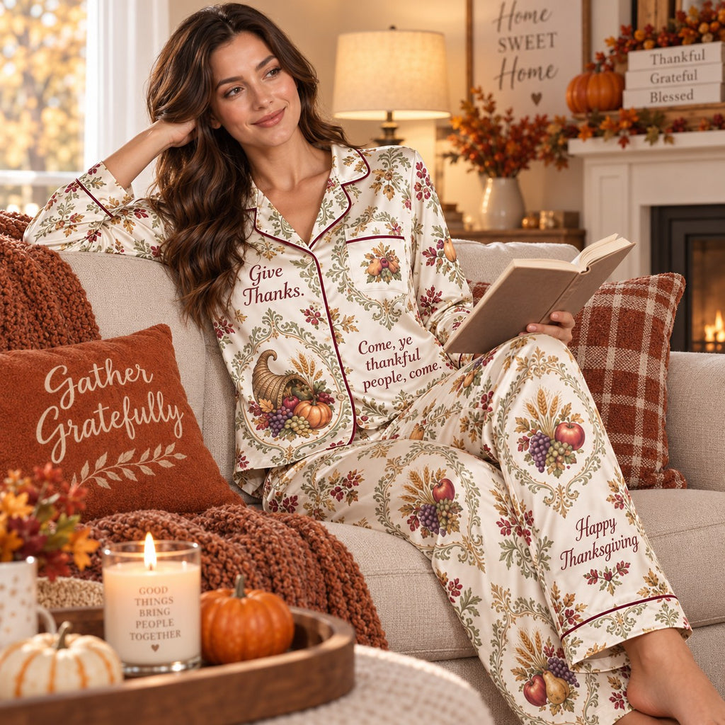 woman in harvest pyjamas in kitchen holding pumpkin pie