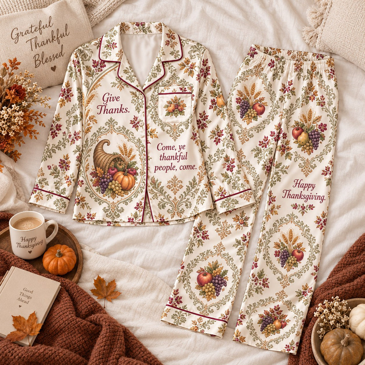 Give Thanks Come Ye Thankful People Come Happy Thanksgiving Satin Pyjamas Lounge Pyjamas Sleep In Pyjamas