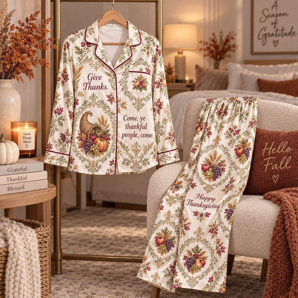 Give Thanks Come Ye Thankful People Come Happy Thanksgiving Satin Pyjamas Lounge Pyjamas Sleep In Pyjamas