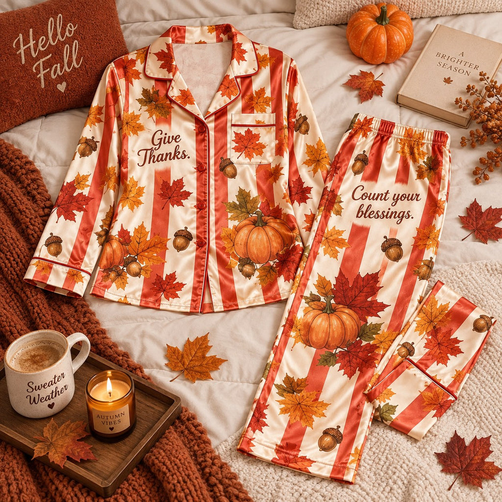 Give Thanks Happy Thanksgiving Pyjamas, Satin Sleepwear Set, Button Up Lounge Pyjamas, Gifts For Her