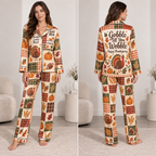 satin pajama set with thanksgiving pumpkin and turkey all-over print, model facing