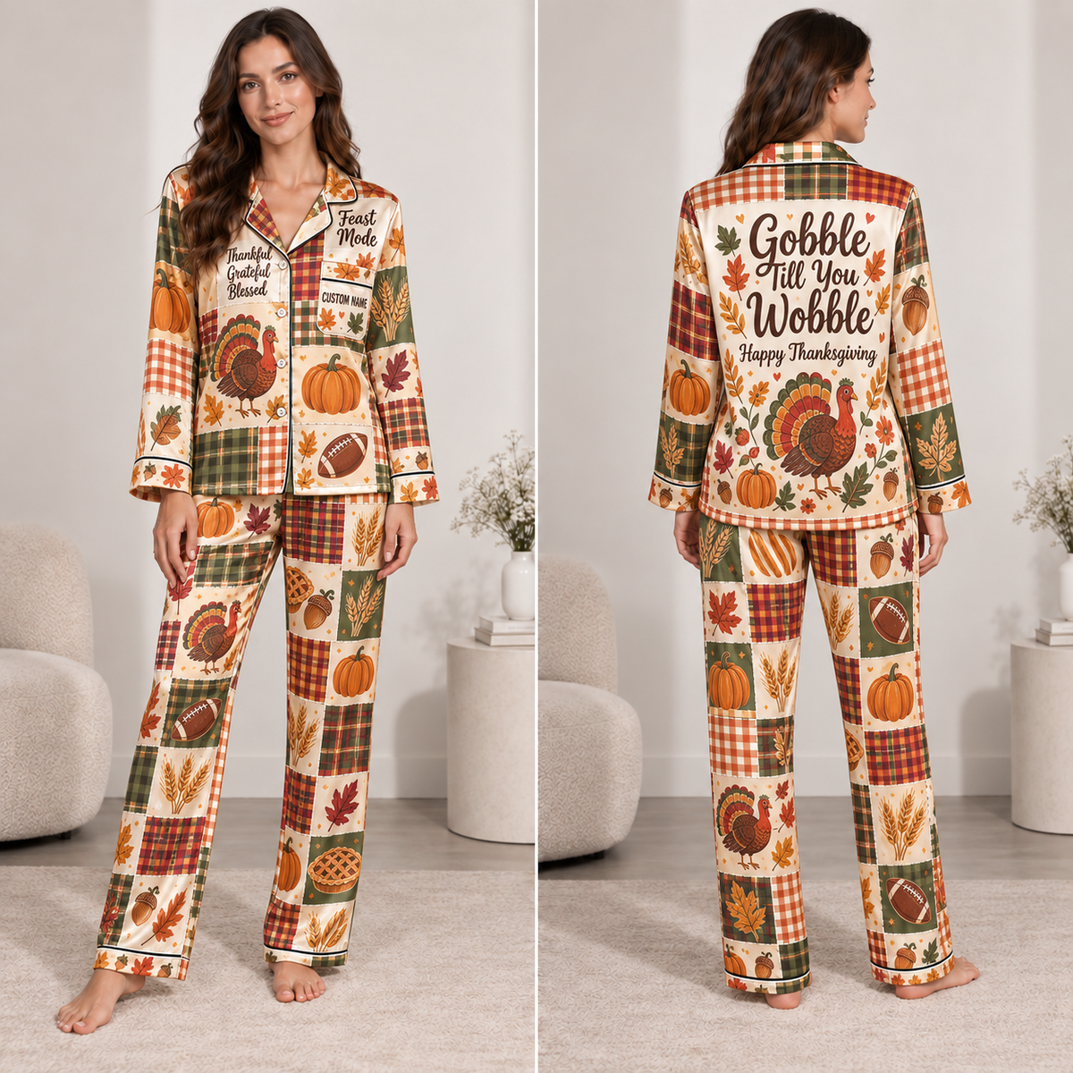 satin pajama set with thanksgiving pumpkin and turkey all-over print, model facing