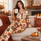thanksgiving satin pajama set back view showing gobble till you wobble turkey