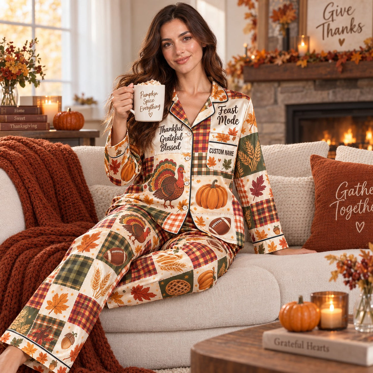 thanksgiving satin pajama set back view showing gobble till you wobble turkey