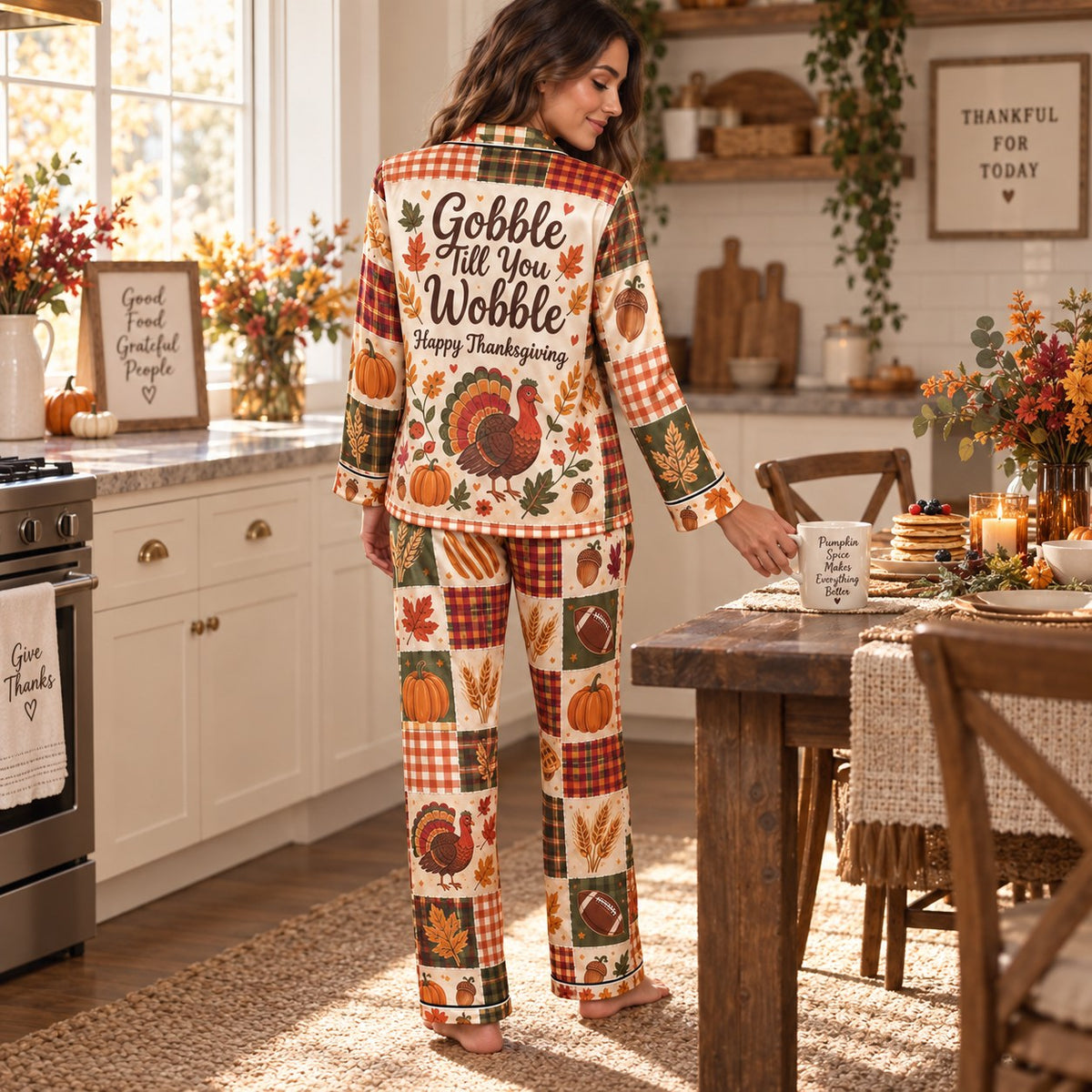 woman stretching in matching thanksgiving satin pajama set in cozy bedroom