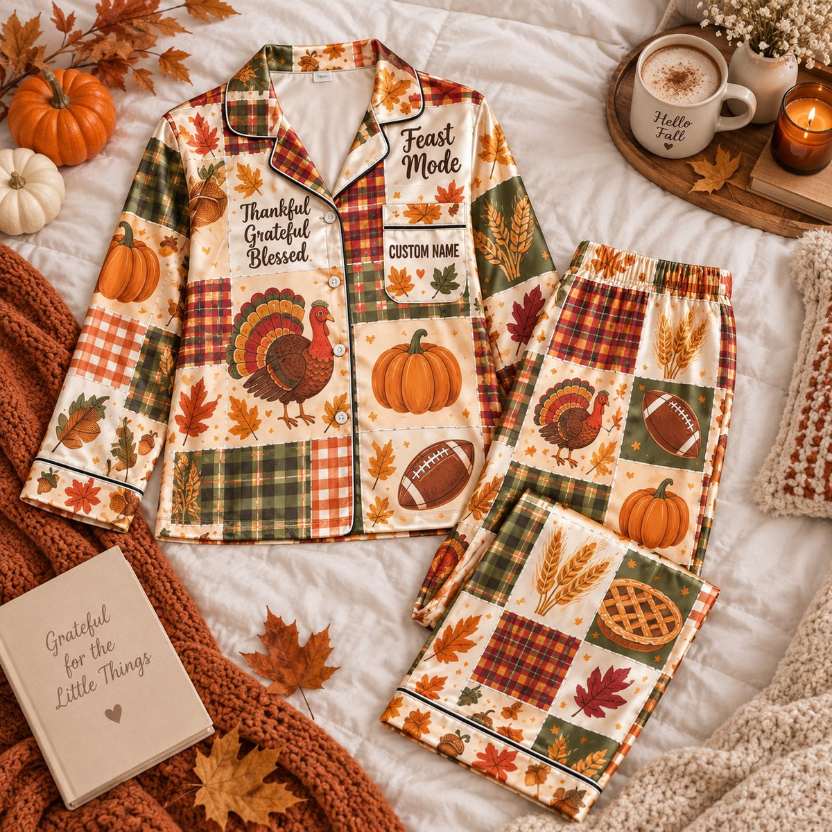 thanksgiving turkey patchwork satin pajamas flat lay with a custom name on the chest