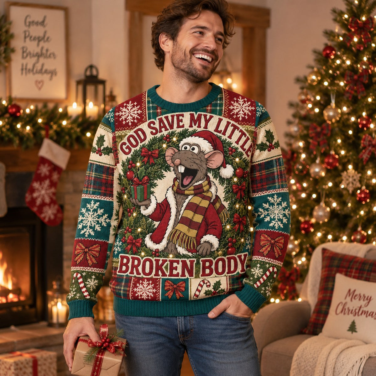 rat in santa hat ugly christmas sweater with god save my little