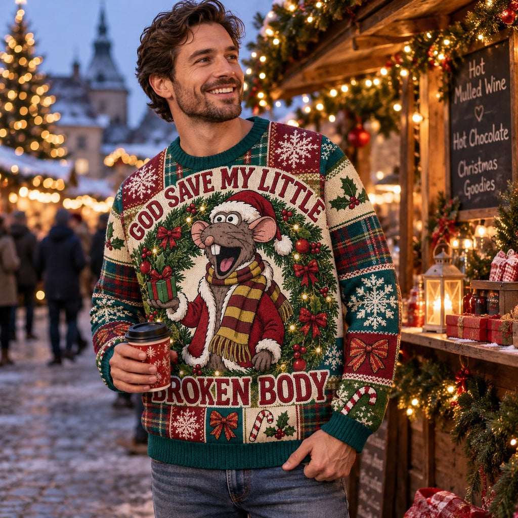 man wearing god save my little broken body holiday jumper at christmas