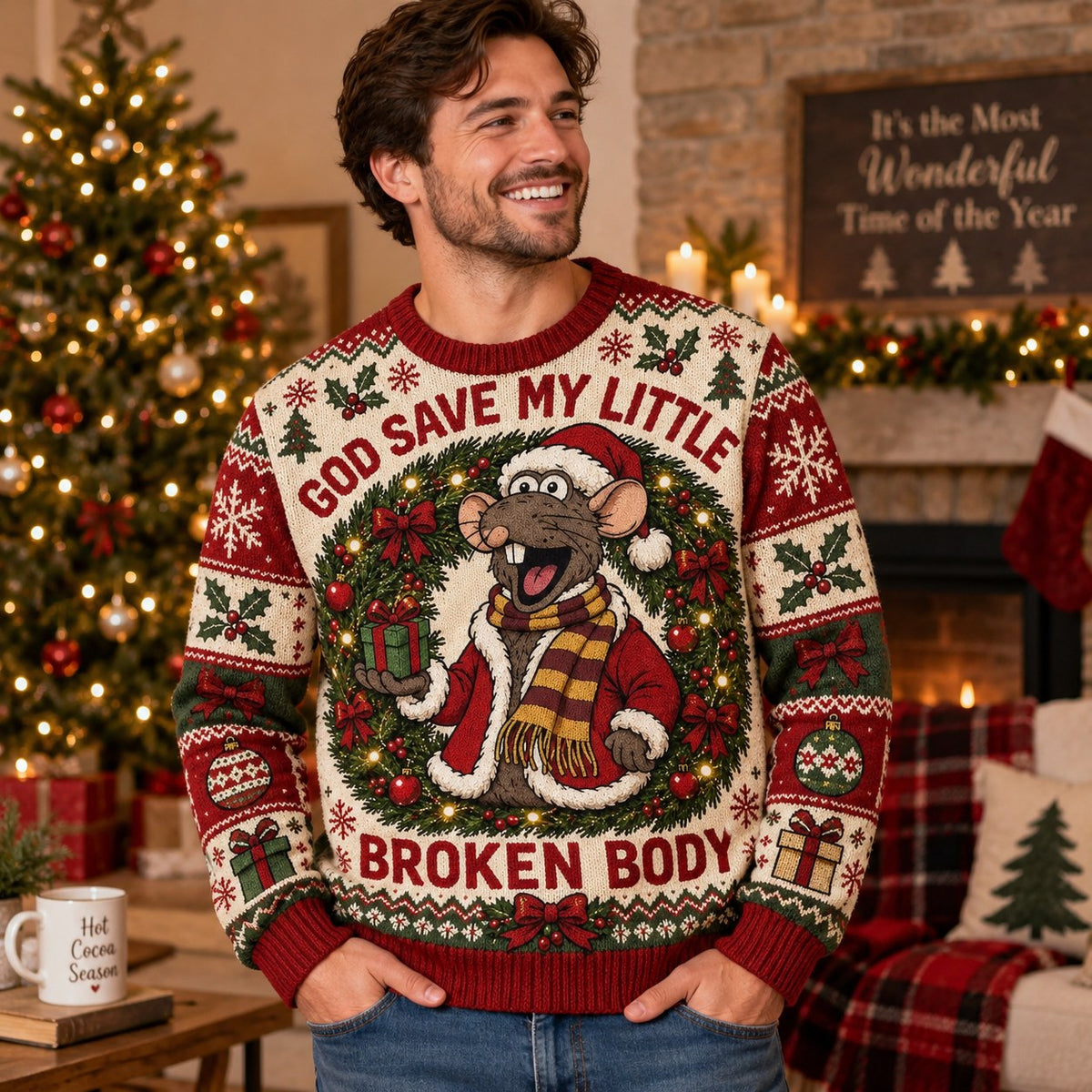 woman wearing a red and cream all over print christmas sweater at