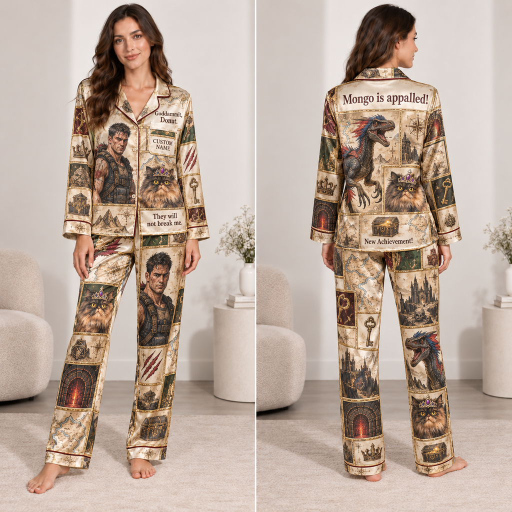 all over print satin pajama set with warrior dragon cat and fantasy