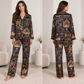 woman modeling dark all-over print satin pajama set with fantasy character collage