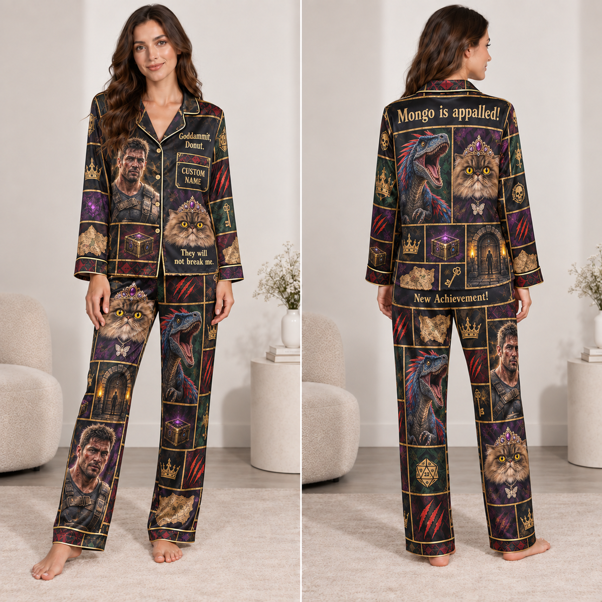woman modeling dark all-over print satin pajama set with fantasy character collage