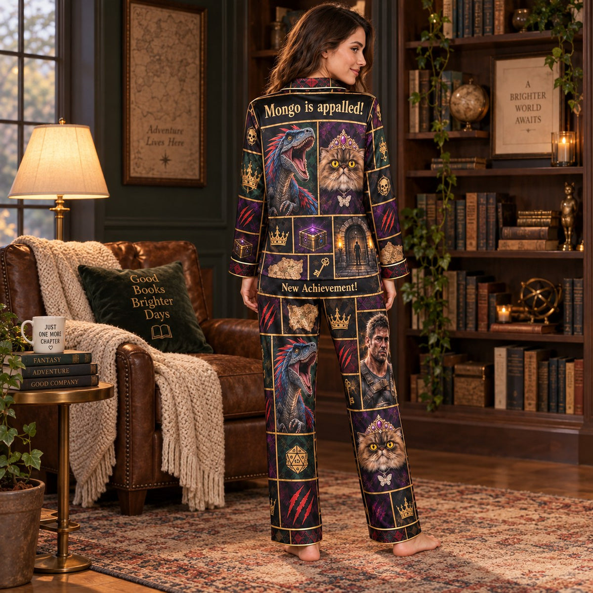 woman sitting on bed holding a mug while wearing printed satin pajamas