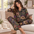 woman on a knit pouf with a tablet wearing the full sublimated