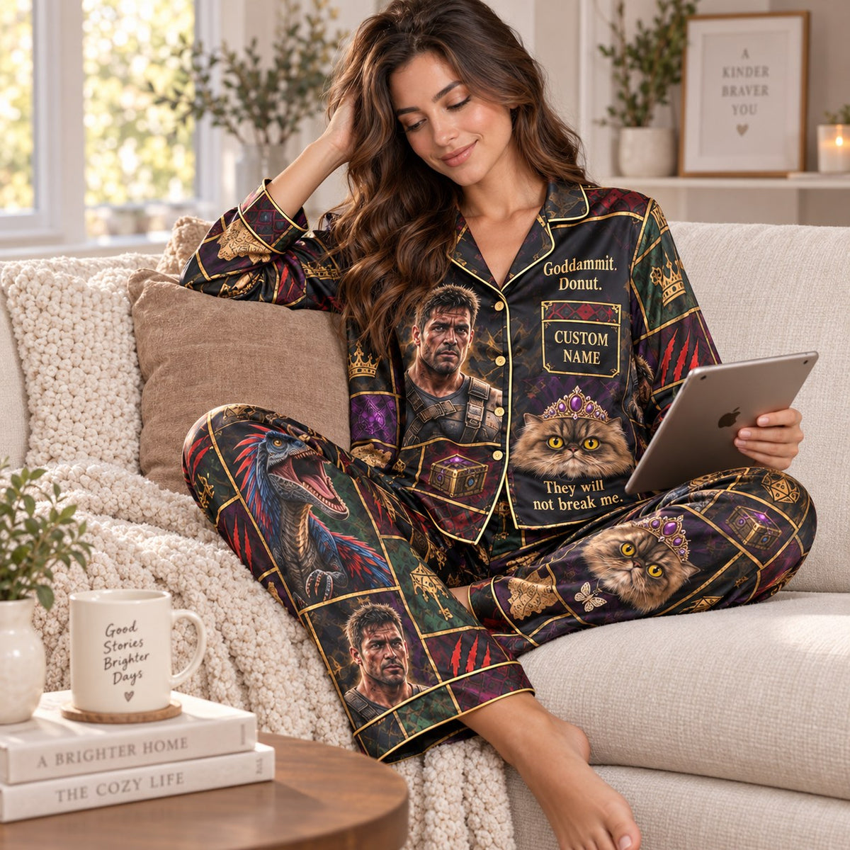 woman on a knit pouf with a tablet wearing the full sublimated
