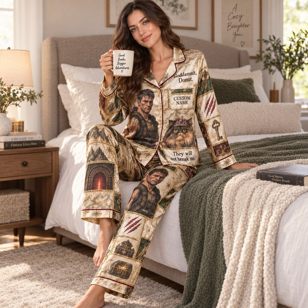 back view of satin pajama set showing Mongo is appalled text