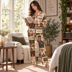 woman sitting on bed holding a mug in printed satin pajamas