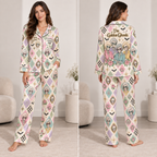 woman modeling a Stay Golden The Golden Ghouls satin pajama set