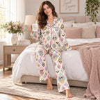 back view of the satin pajama set showing The Golden Ghouls portrait
