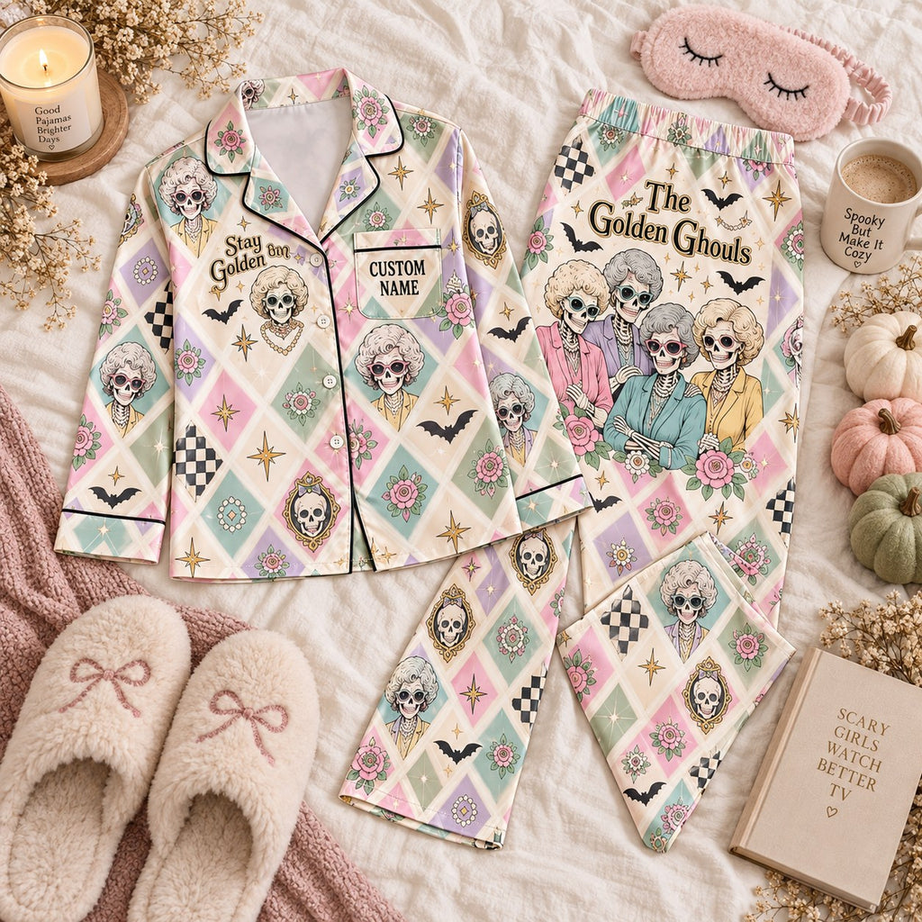pastel harlequin skeleton satin pajamas flat lay with a custom name on the chest