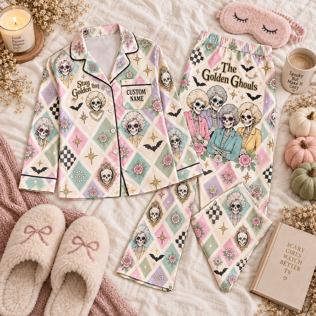 pastel harlequin skeleton satin pajamas flat lay with a custom name on the chest