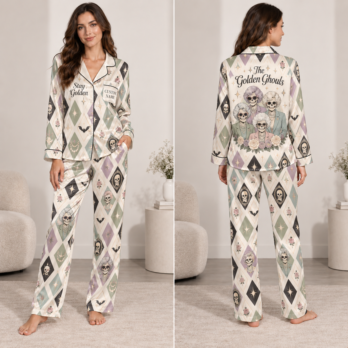 the golden ghouls stay golden halloween pajamas modeled