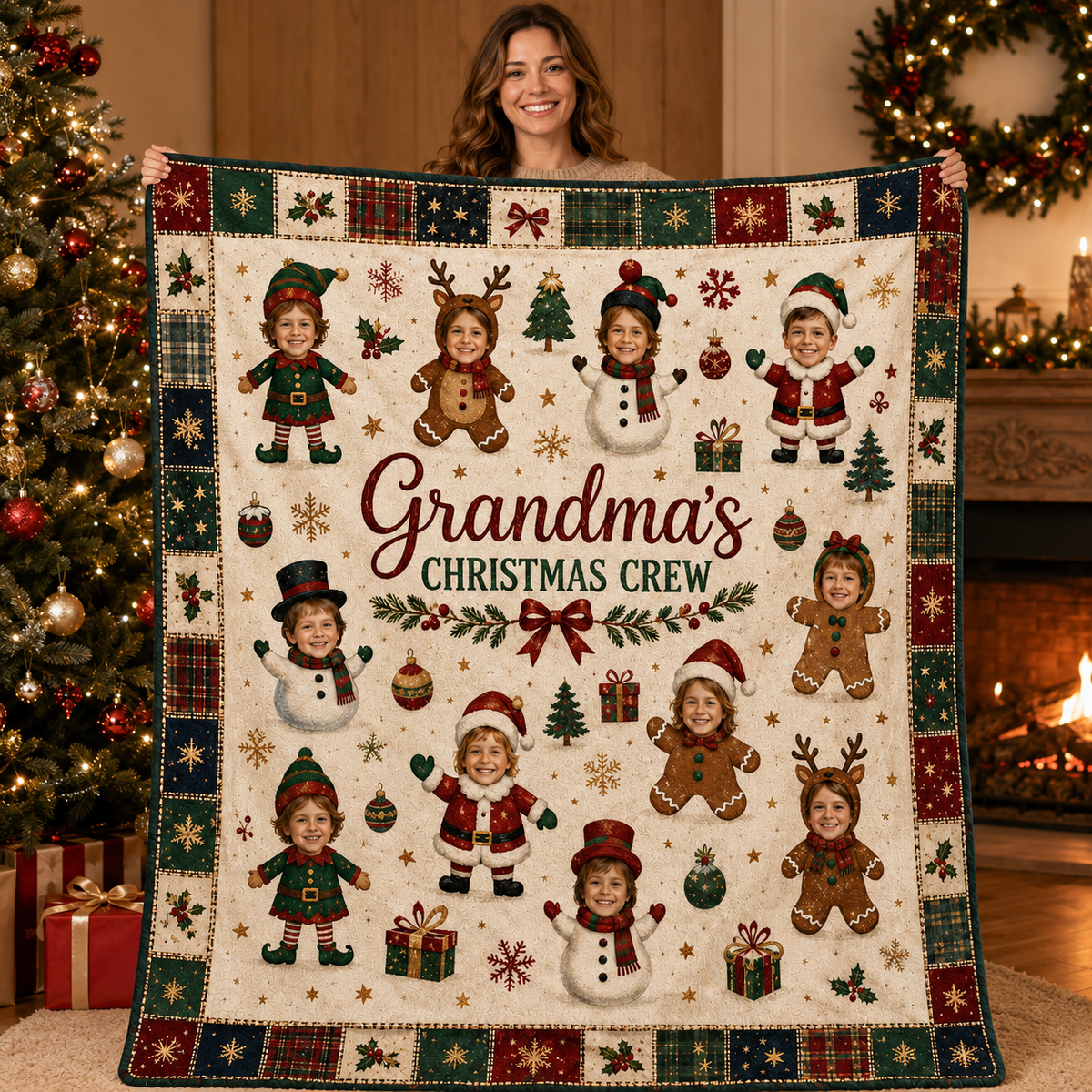 smiling woman holding up the grandma's christmas crew personalized photo blanket indoors