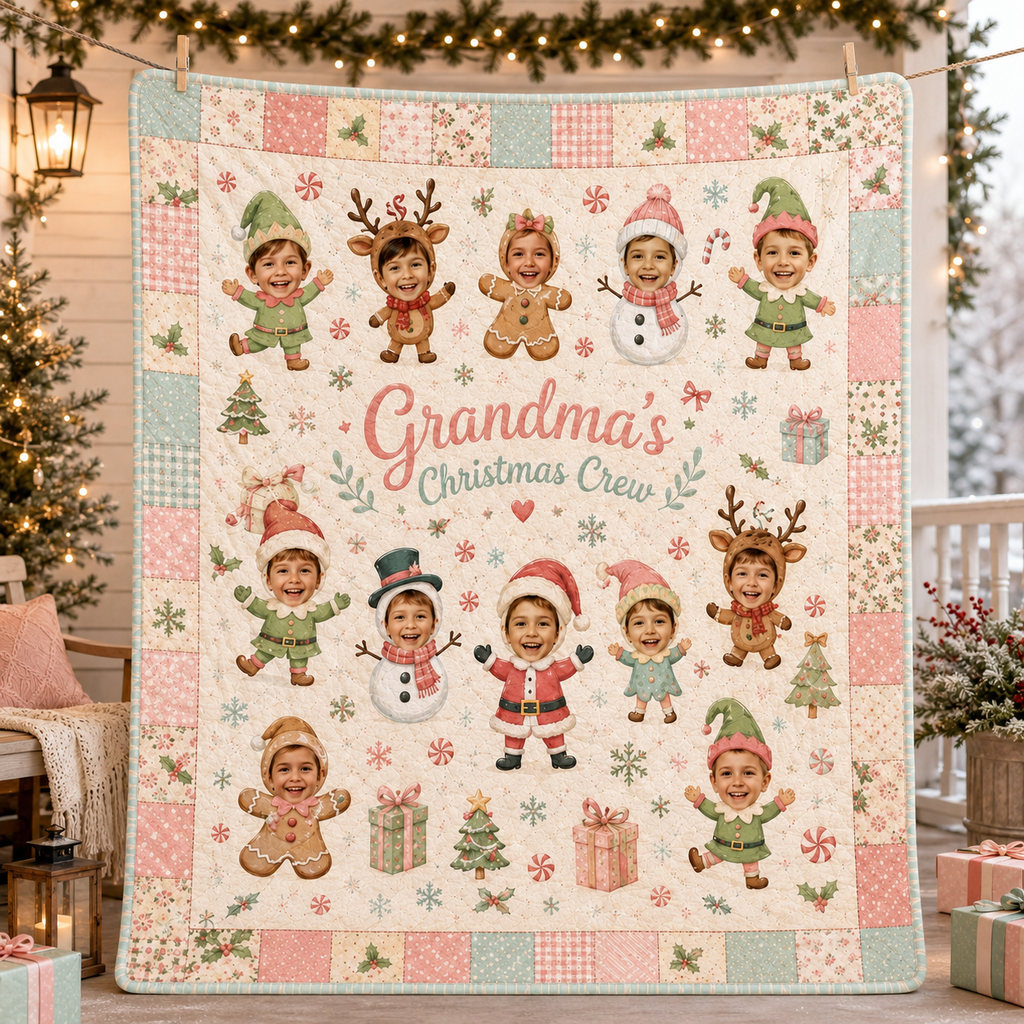 grandma's christmas crew photo blanket hanging on porch railing