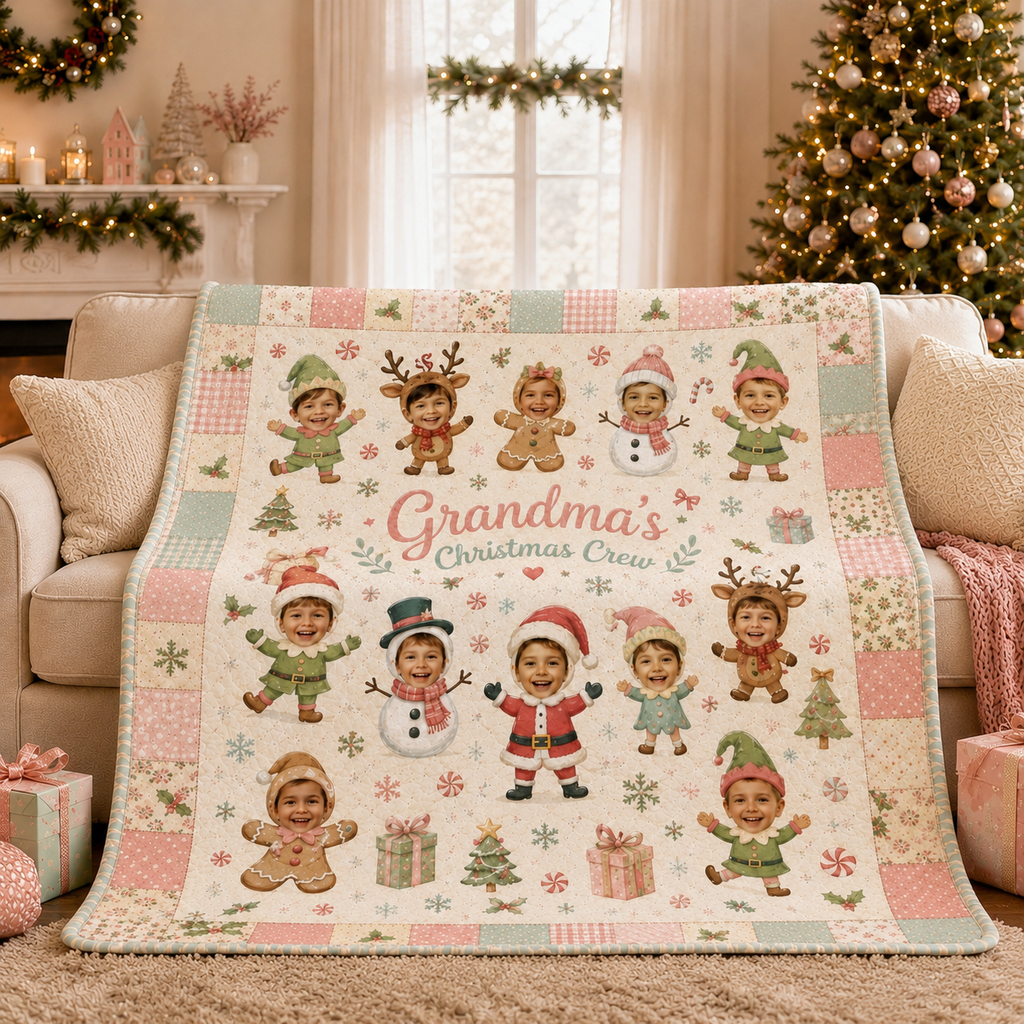 grandma's christmas crew personalized photo blanket draped on couch