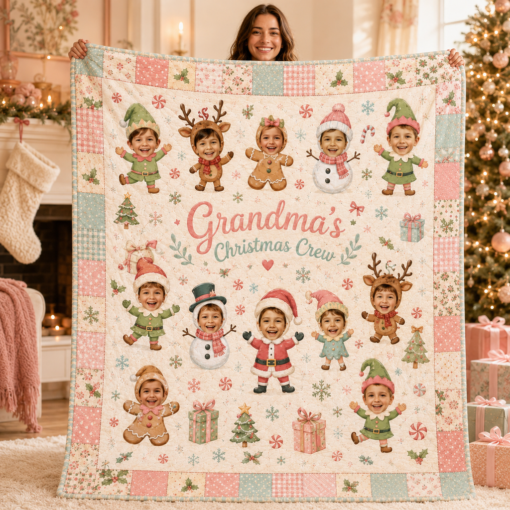 grandma's christmas crew family photo blanket held up in living room