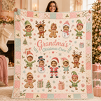 grandma's christmas crew family photo blanket held up in living room