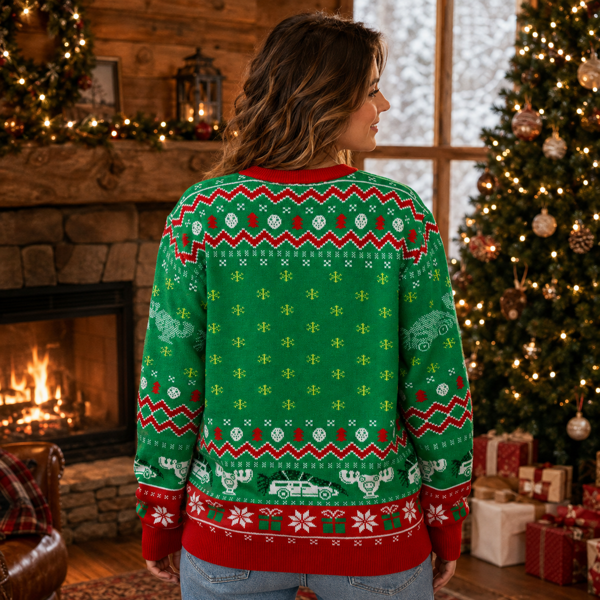 back view of the same green knitted ugly christmas sweater showing the