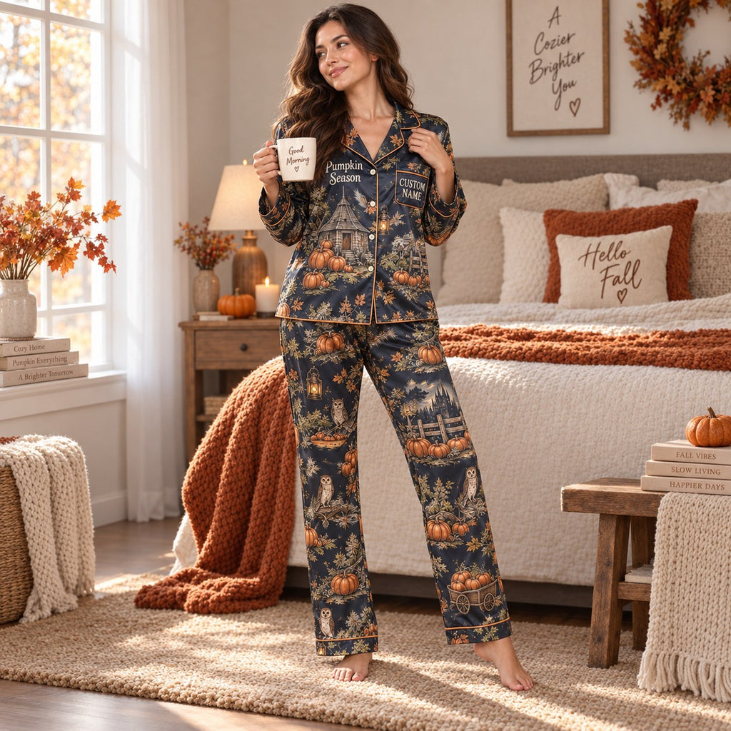 back view of personalized satin pajamas with hagrid's hut print