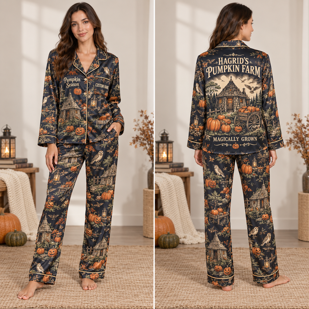 woman wearing hagrids pumpkin farm halloween pajamas in a cozy living room