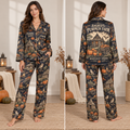 woman wearing hagrids pumpkin farm halloween pajamas in a cozy living room