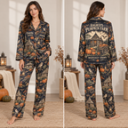 woman wearing hagrids pumpkin farm halloween pajamas in a cozy living room