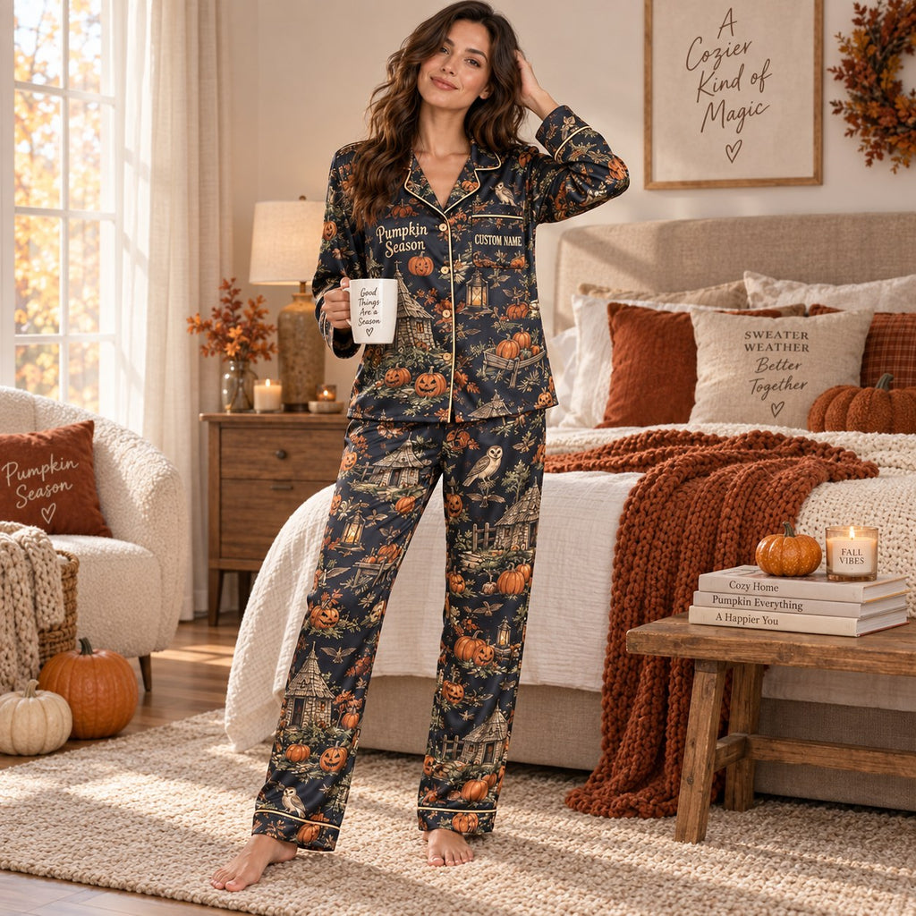 back view of hagrids pumpkin farm halloween pajamas showing the printed farm