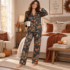 back view of hagrids pumpkin farm halloween pajamas showing the printed farm