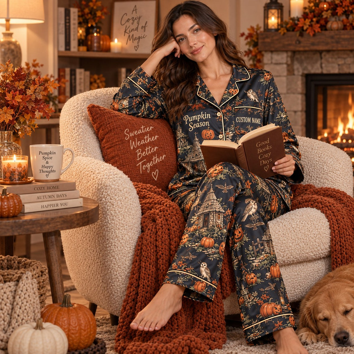 woman seated on a couch reading by a fireplace in hagrids pumpkin