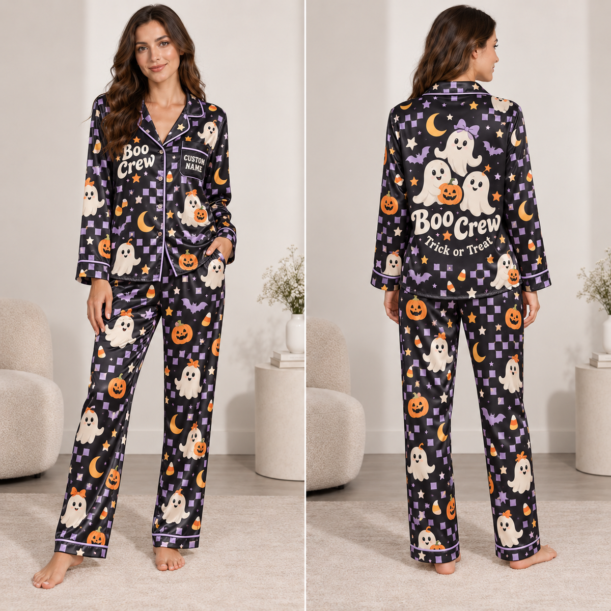 halloween boo crew ghost pumpkin satin pajama set on model