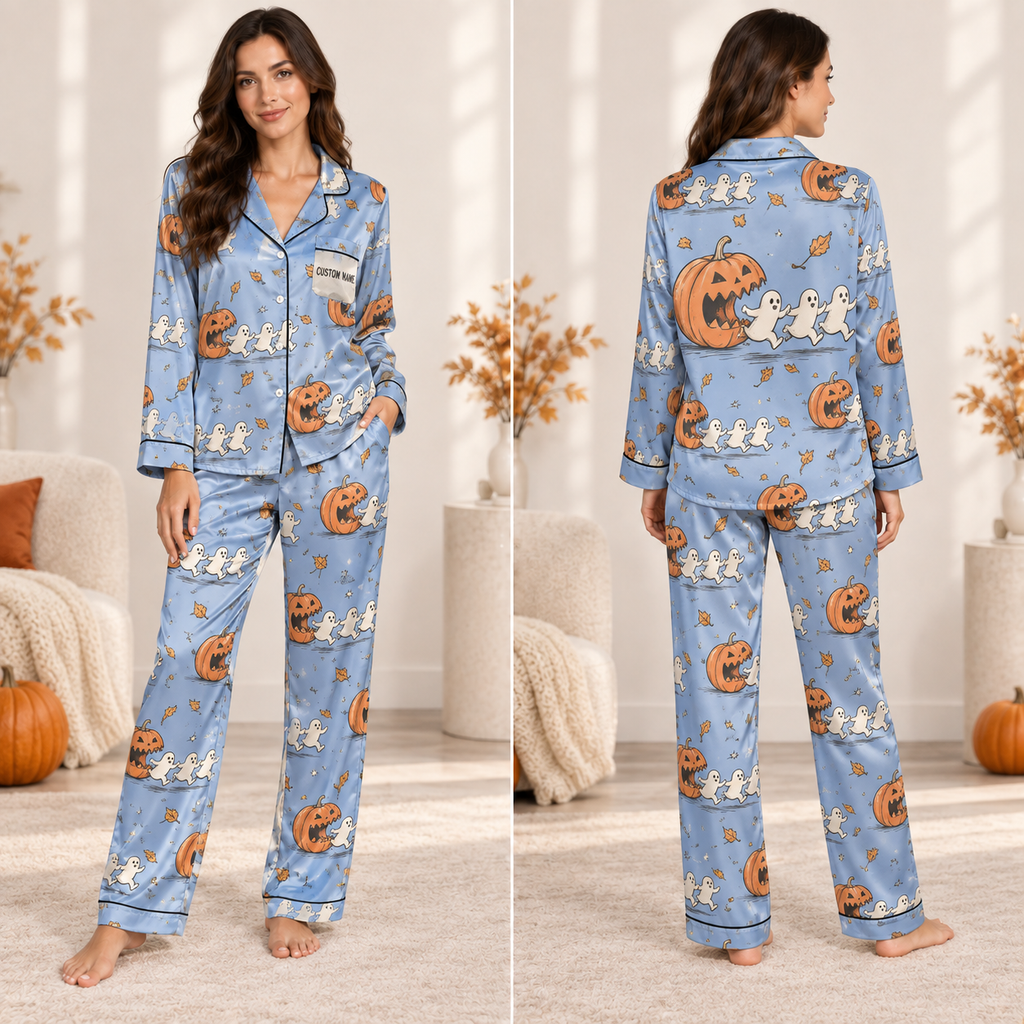 halloween satin pajama set in blue with pumpkin and ghost all