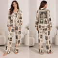 halloween midnight margaritas satin pajama set with cat and pumpkin pattern